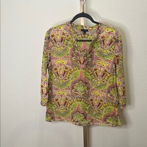 Talbots bright print popover blouse Yellow Pink Medium
